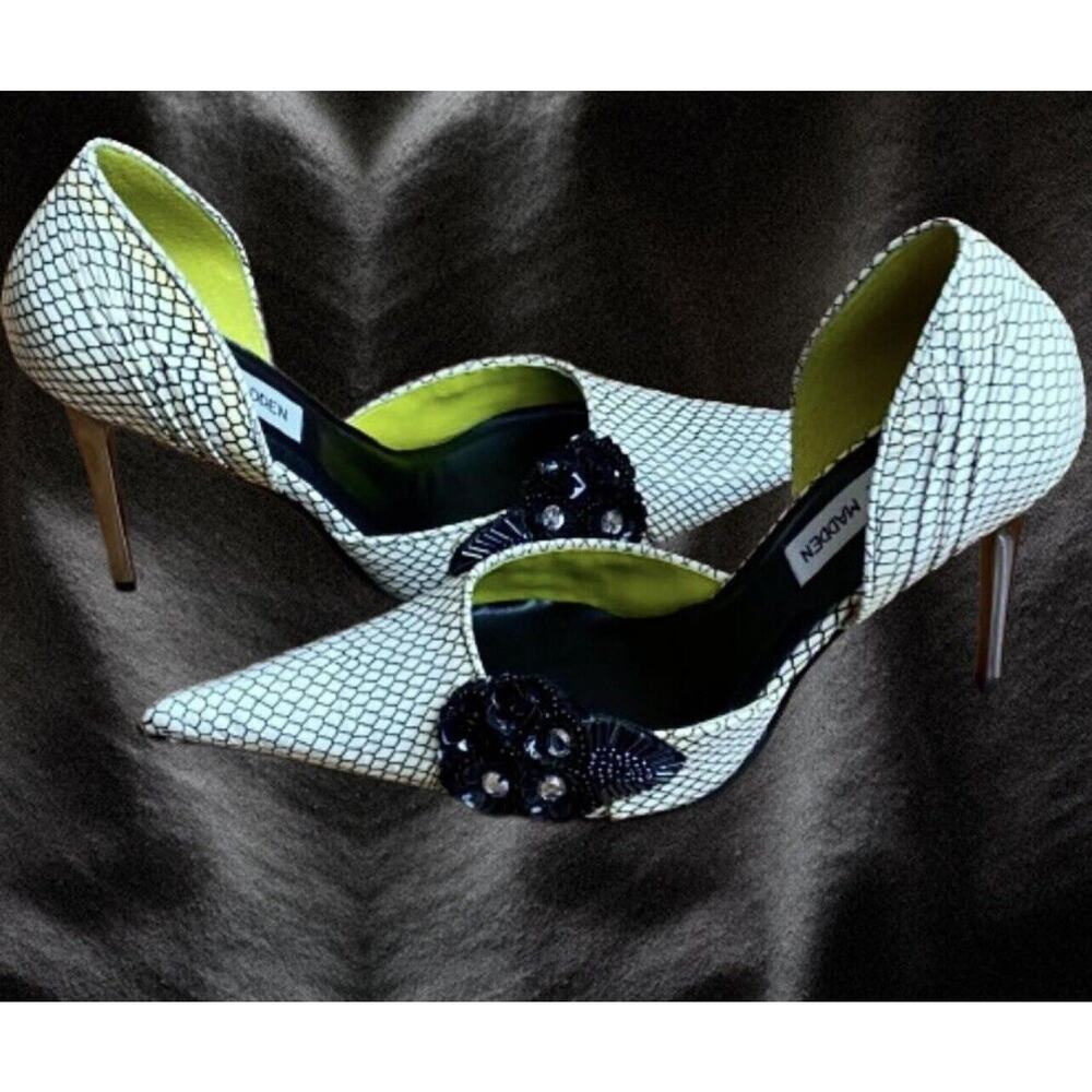 Steve Madden Bling 4.5” Leather Snake Skin Heels Cream w/Yellow & Green Hues